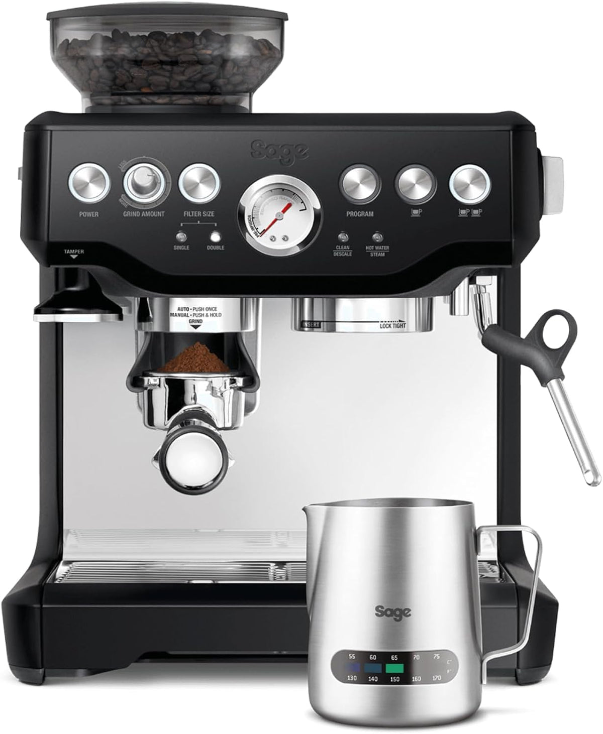 Sage - The Barista Express - Kaffeemaschine mit manuellem Milchaufschäumer & integriertem Mahlwerk - 16 Mahlgradeinstellungen, automatisches Mahlen, individueller Milchschaum - Schwarzer Trüffel