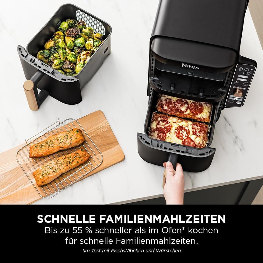 Ninja Heißluftfritteuse MAX PRO, 6,2 L, ölfrei, große Schublade, Rösten, Backen, Air Fry, Antihaftbeschichtet, Spülmaschinenfester Korb & Crisper Gittereinsatz, Silikonzange, Schwarz/Kupfer, AF180EUCP