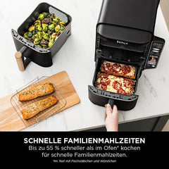 Ninja Heißluftfritteuse MAX PRO, 6,2 L, ölfrei, große Schublade, Rösten, Backen, Air Fry, Antihaftbeschichtet, Spülmaschinenfester Korb & Crisper Gittereinsatz, Silikonzange, Schwarz/Kupfer, AF180EUCP