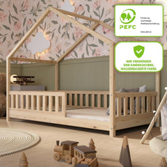 Crazy Pine Hausbett mit Schubladen 200x90 cm – Kinderbett aus Naturholz mit Rausfallschutz – Montessori Bodenbett mit zusätzlichen Stauraum und und Abnehmbarer Barriere - Crazy House