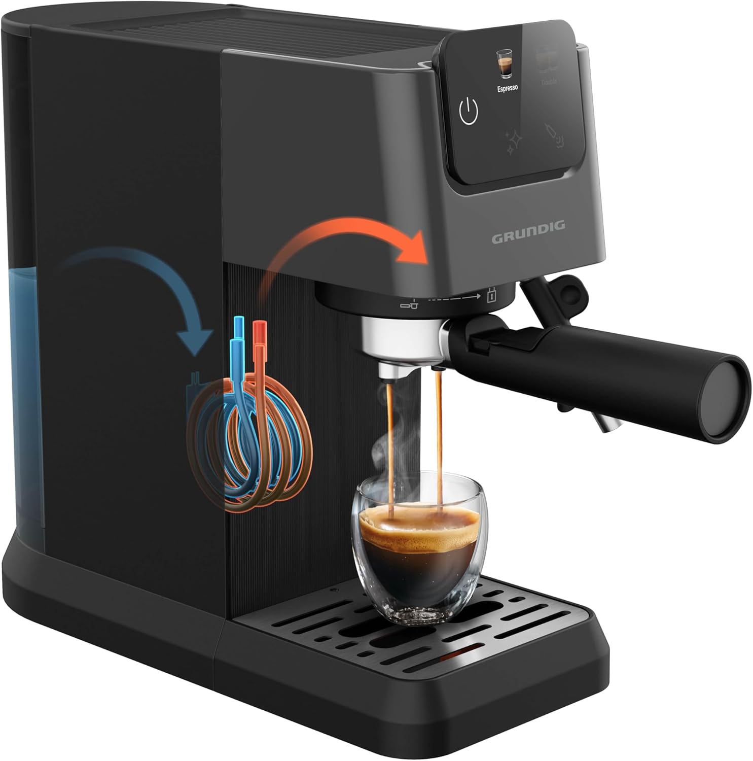 GRUNDIG KSM 5330 Siebträgermaschine mit integriertem Milchbehälter, 1628 W Leistung, 15 bar Pumpendruck, Zweifachdüse, farbiges Touch-Display, BrewSense, CreamyPro, Dark Inox/Schwarz