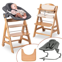 hauck Hochstuhl Beta+ Newborn Set Premium Dark Grey - Babyhochstuhl Set ab Geburt mit Neugeborenen Aufsatz Bouncer, Sitzpolster und Essbrett - Dark Grey