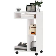 HOMCOM Beistelltisch C-Form mit Rollen und Regalen Weiß