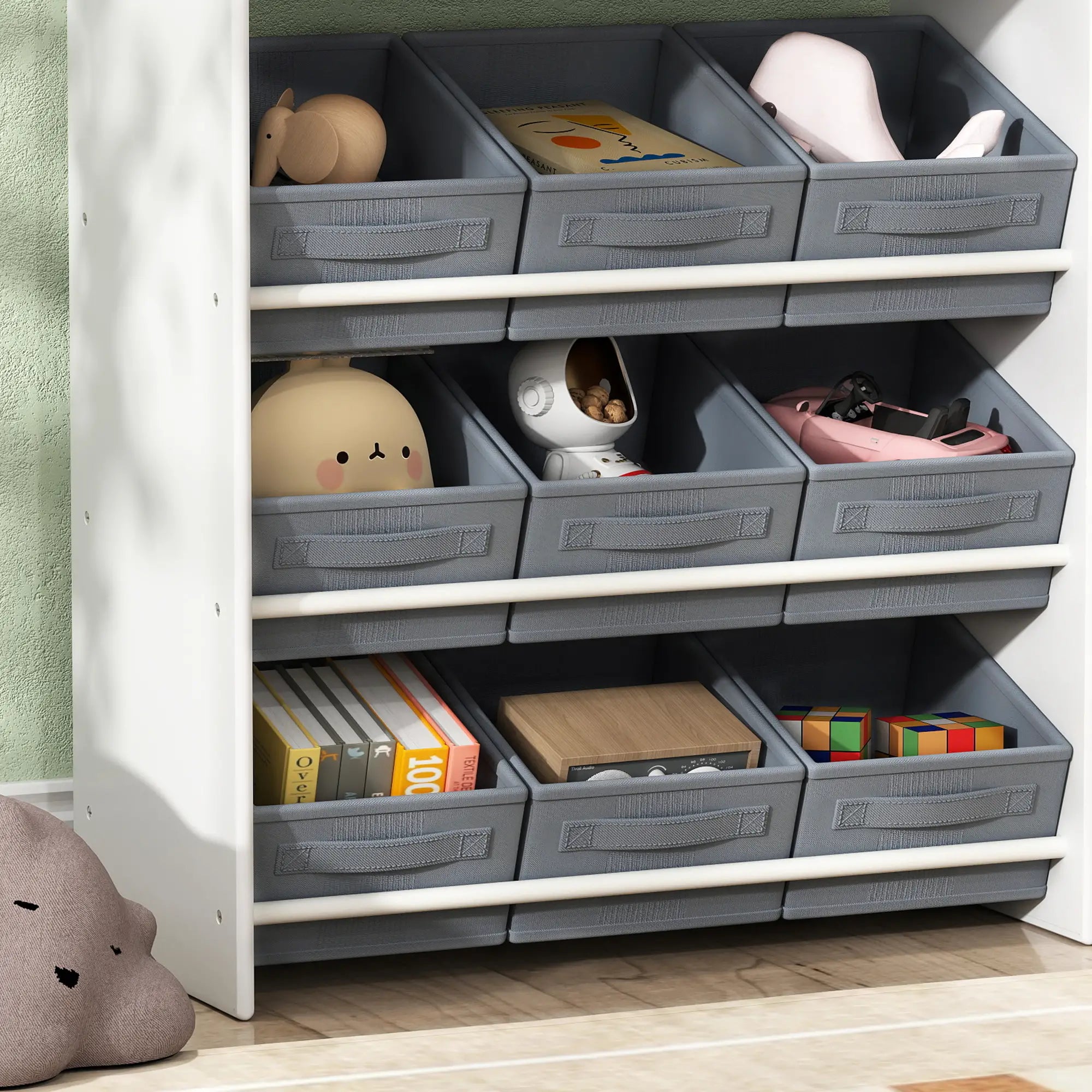 AIYAPLAY Kinderregal mit 11 Stoffboxen & Schrankfach, Weiß