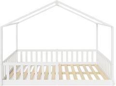Bellabino Kinderbett Bia 140x200 cm, Hausbett Kinder inkl. Rausfallschutz und Rolllattenrost, Montessori Bodenbett weiß aus Massivholz Kiefer