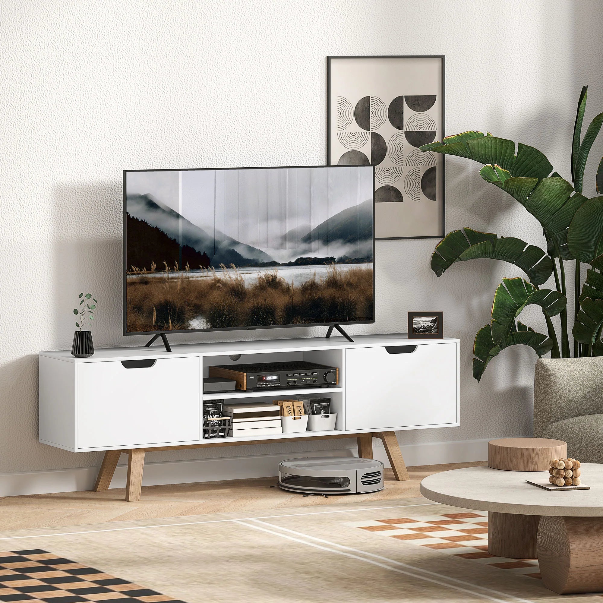 HOMCOM TV Lowboard 65 Zoll mit Kabelführung und 2 Schränken Weiß