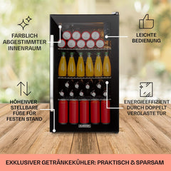 Klarstein Mini Kühlschrank mit Glastür für Zimmer, Getrnkekühlschrank mit Verstellbaren Ablagen, Kleiner 80 Liter, Indoor/Outdoor Kühlschrank Leise