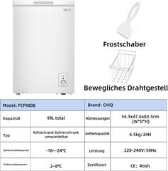 CHiQ FCF98DE Gefriertruhe 99 L, 54,5 x 47,6 x 83,5 cm, 4-Sterne-Gefrieren, Thermostatsteuerung, Drahtgestell, Schwebetür, Geräuscharm, Weiß