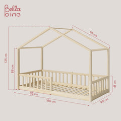 Bellabino Kinderbett Bia 140x200 cm, Hausbett Kinder inkl. Rausfallschutz und Rolllattenrost, Montessori Bodenbett weiß aus Massivholz Kiefer