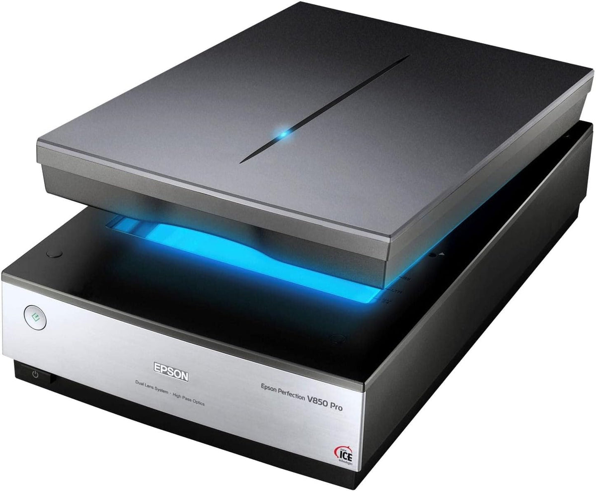 Epson Perfection V850, professioneller Fotoscanner, Scanner zum Digitalisieren von Fotos, Vorlagen, Dias und Negativen, Flachbettscanner mit hoher Auflösung, schwarz/silber