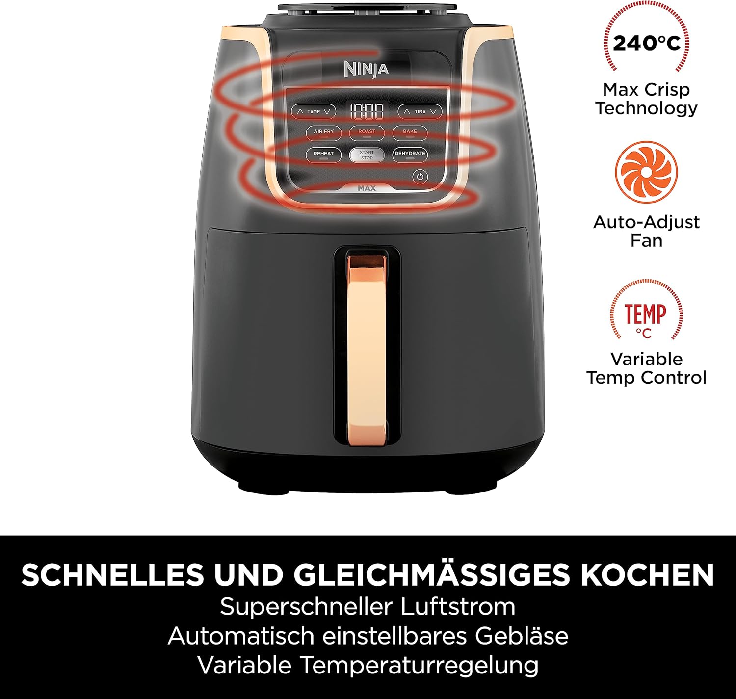 Ninja Heißluftfritteuse MAX PRO, 6,2 L, ölfrei, große Schublade, Rösten, Backen, Air Fry, Antihaftbeschichtet, Spülmaschinenfester Korb & Crisper Gittereinsatz, Silikonzange, Schwarz/Kupfer, AF180EUCP