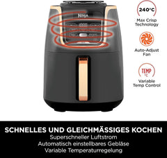 Ninja Heißluftfritteuse MAX PRO, 6,2 L, ölfrei, große Schublade, Rösten, Backen, Air Fry, Antihaftbeschichtet, Spülmaschinenfester Korb & Crisper Gittereinsatz, Silikonzange, Schwarz/Kupfer, AF180EUCP