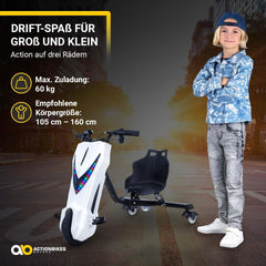 Actionbikes Motors Kinder Elektro Driftscooter | 𝟐𝟓𝟎 Watt Motor - Drift Cart 360°- 3 Geschwindigkeitsstufen - LED-Beleuchtung - Sitz verstellbar - Bluetooth - Drift Kart - Drift Auto (Space Purple)