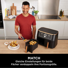 Ninja Heißluftfritteuse MAX PRO, 6,2 L, ölfrei, große Schublade, Rösten, Backen, Air Fry, Antihaftbeschichtet, Spülmaschinenfester Korb & Crisper Gittereinsatz, Silikonzange, Schwarz/Kupfer, AF180EUCP
