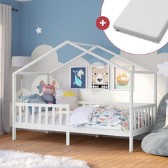 Bellabino Kinderbett Bia 140x200 cm, Hausbett Kinder inkl. Rausfallschutz und Rolllattenrost, Montessori Bodenbett weiß aus Massivholz Kiefer