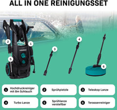 VONROC Profi Hochdruckreiniger 195bar - Fassadenreiniger für schwere Reinigungsarbeiten [2500W] - Hoher Durchfluss [468 l/h] Reinigungstank, Aluminium Pumpe - inkl. Terassenreiniger