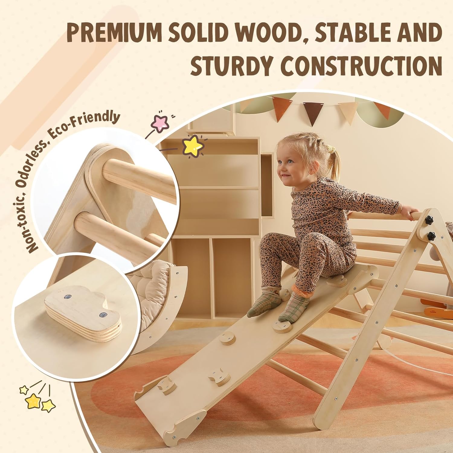 Dreieck-Set mit Kissen, 5-in-1 Montessori-Kletterset, faltbar, Kletter-Indoor-Spielplatz-Set für Kleinkinder, Holz-Kletterspielzeug mit Rampe und Kletterbogen für Kinder (Holzfarbe)