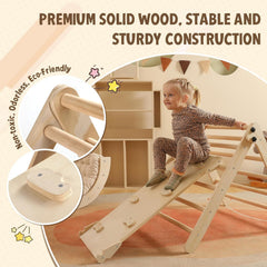 Dreieck-Set mit Kissen, 5-in-1 Montessori-Kletterset, faltbar, Kletter-Indoor-Spielplatz-Set für Kleinkinder, Holz-Kletterspielzeug mit Rampe und Kletterbogen für Kinder (Holzfarbe)