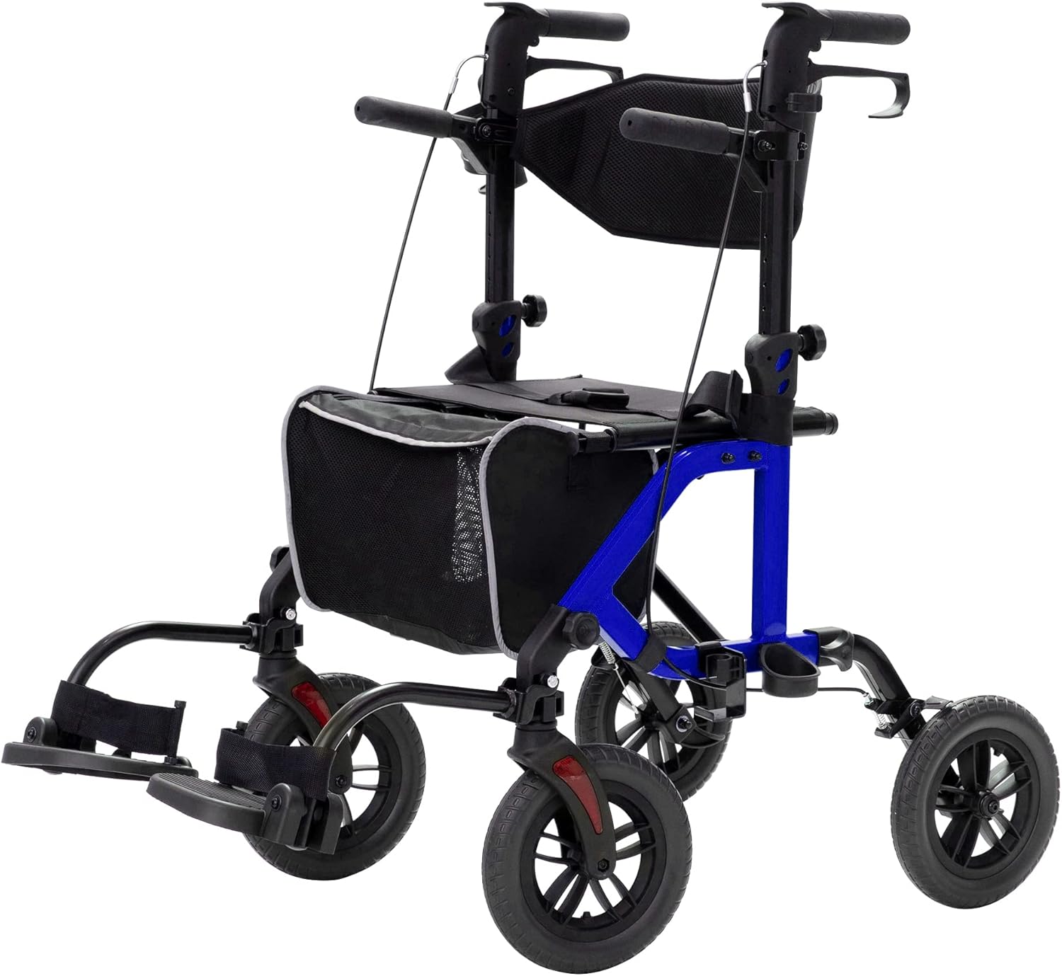 Geländegängiger 2-in-1-Rollator und Transportstuhl, zusammenklappbarer Rollstuhl mit luftlosen 10-Zoll-Rädern für Senioren, umkehrbare Rückenlehne und abnehmbare Fußstützen, blau