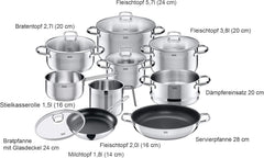 Silit Toskana Topfset induktionsgeeignet 10-teilig, Kochtopf Set mit Glasdeckel, Induktionskochtöpfe, Milchtopf, Dämpfer, Pfanne, Edelstahl teilmattiert, Induktions Töpfe Set unbeschichtet