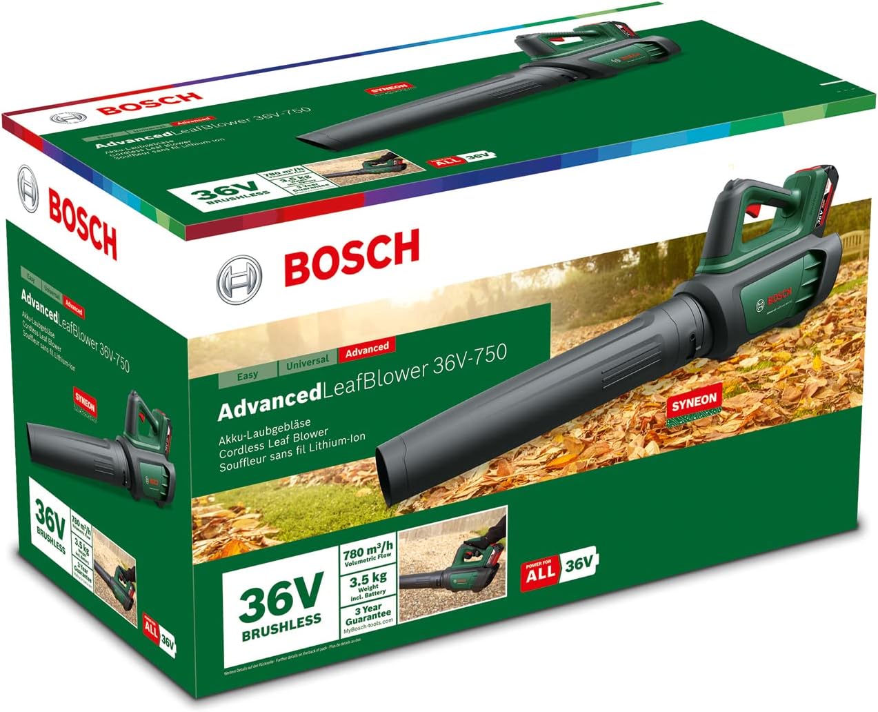 Bosch Akku-Laubbläser AdvancedLeafBlower 36V-750 (1x 2.0 Ah Akku, 36 Volt System, zum Entfernen hartnäckiger Blätter auf großen Flächen, geringes Gewicht: 2,8 kg, im Karton)