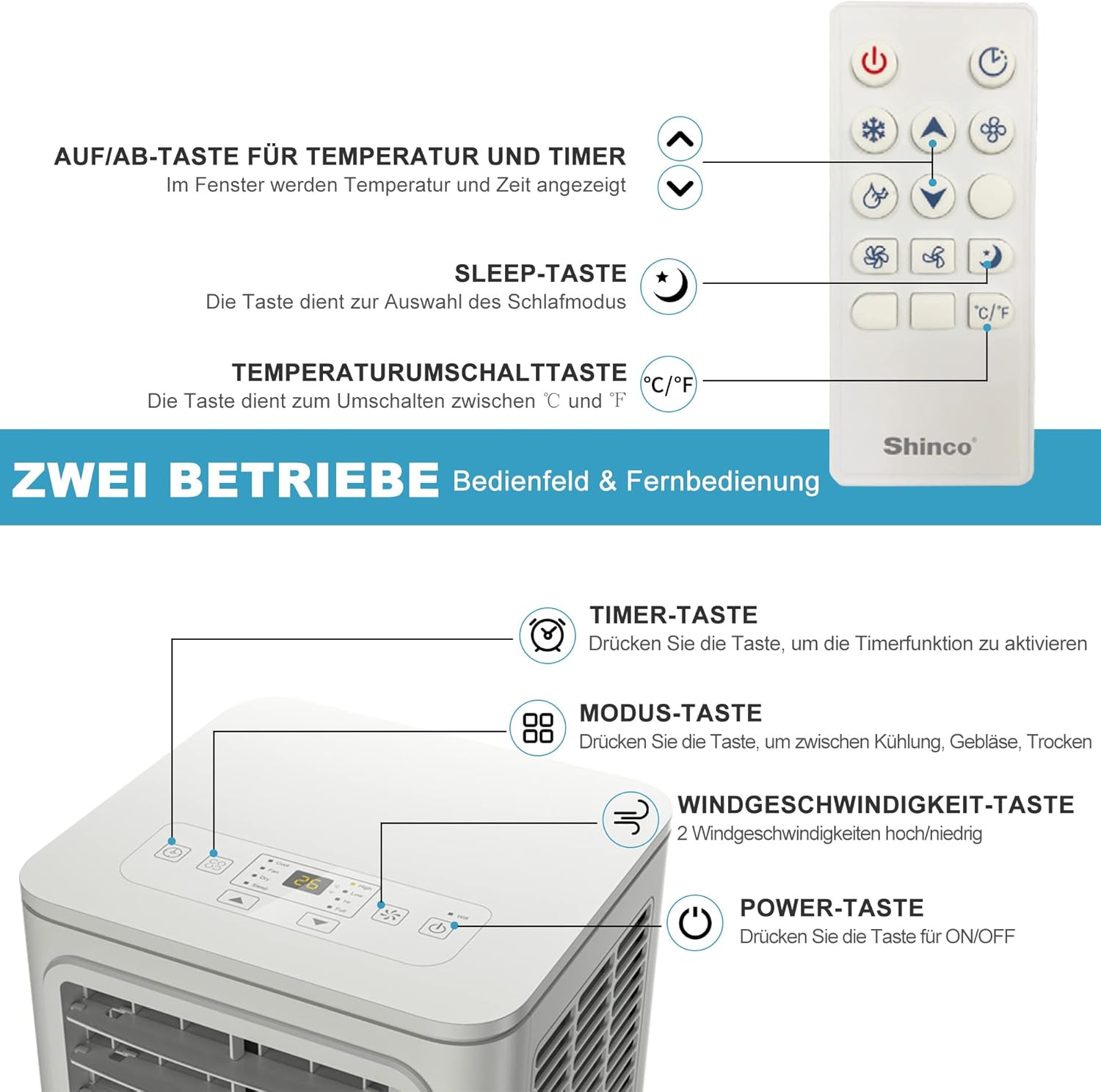SHINCO Mobile Klimaanlage mit Abluftschlauch, 3-in-1Klimaanlage mit Luftentfeuchter&Ventilator, 7000BTU, 2,05 kW, Mobiles Klimagert mit Schlafmodus, Timer und Montagematerial, Rume bis 54m