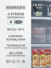Heinrich´s Gefrierschrank 61Liter -18°C Freezer, 3x Gefrierschublade, 7 Stufen Temperaturregler, Airflow, wechselbarer Türanschlag weiß