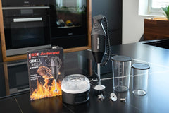 ESGE Zauberstab M 200 BBQ 98215 Stabmixer schwarz, Pürierstab, Handmixer, Profi, inkl. Zubehör, bis zu 17.000 U/Min, 200 Watt, Ergonomisches Griffdesign, Twinschalter, Aufsteckzentrierung, AC-Motor