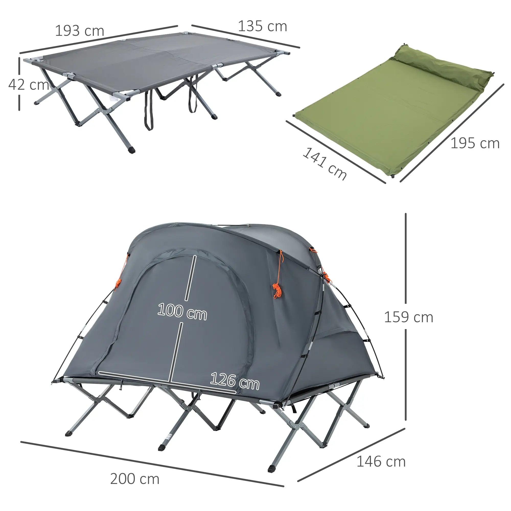Outsunny Campingbett mit Zelt & Luftmatratze für 2 Personen, 200×146×159 cm, Grau