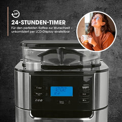 Barista Filterkaffeemaschine mit verstellbarem Mahlwerk & Thermokanne | Warmhaltefunktion, 24h Timer & Permanentfilter | Für 10 Tassen Kaffee | Kaffeemaschine für Bohnen & Pulver [Edelstahl]
