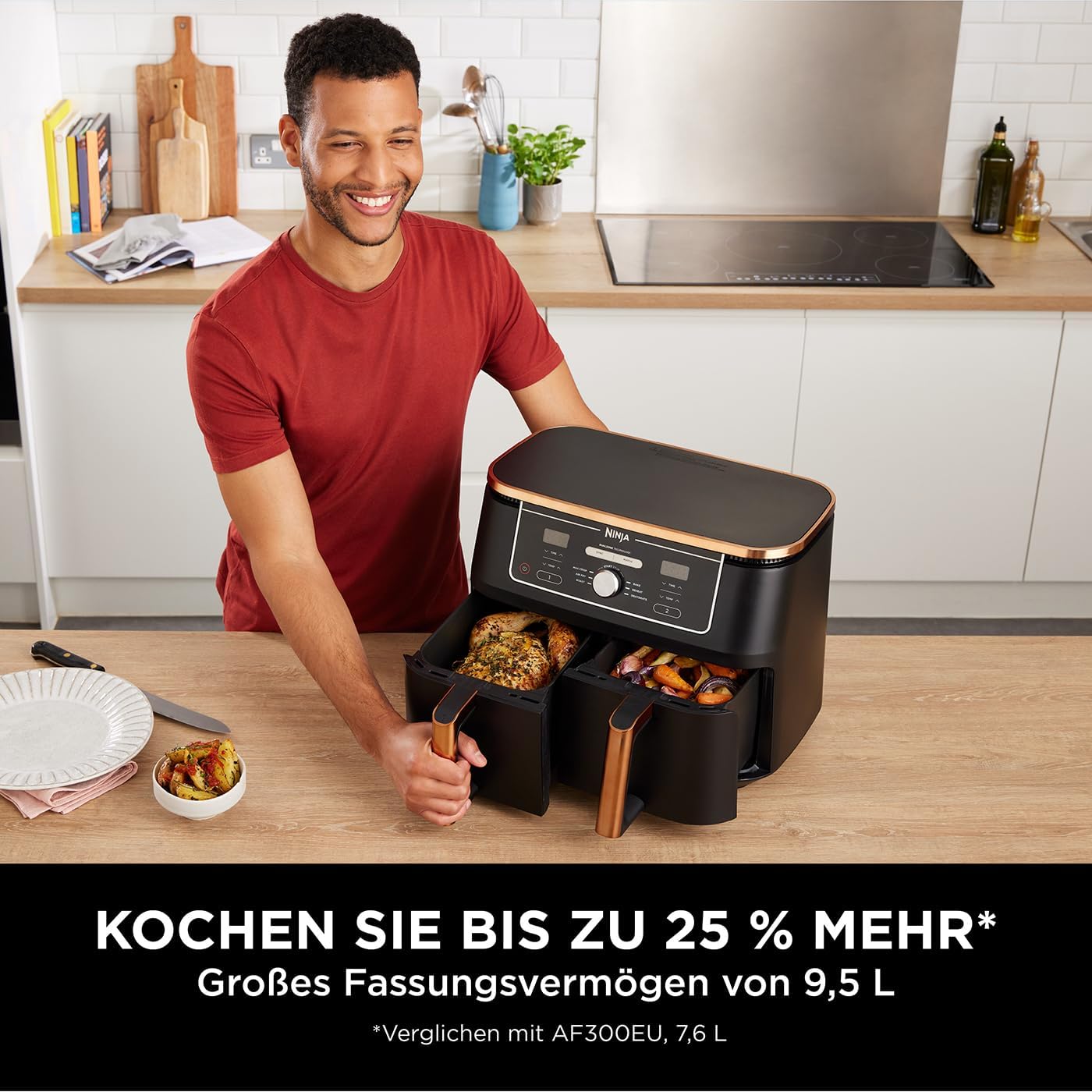 Ninja Heißluftfritteuse MAX PRO, 6,2 L, ölfrei, große Schublade, Rösten, Backen, Air Fry, Antihaftbeschichtet, Spülmaschinenfester Korb & Crisper Gittereinsatz, Silikonzange, Schwarz/Kupfer, AF180EUCP
