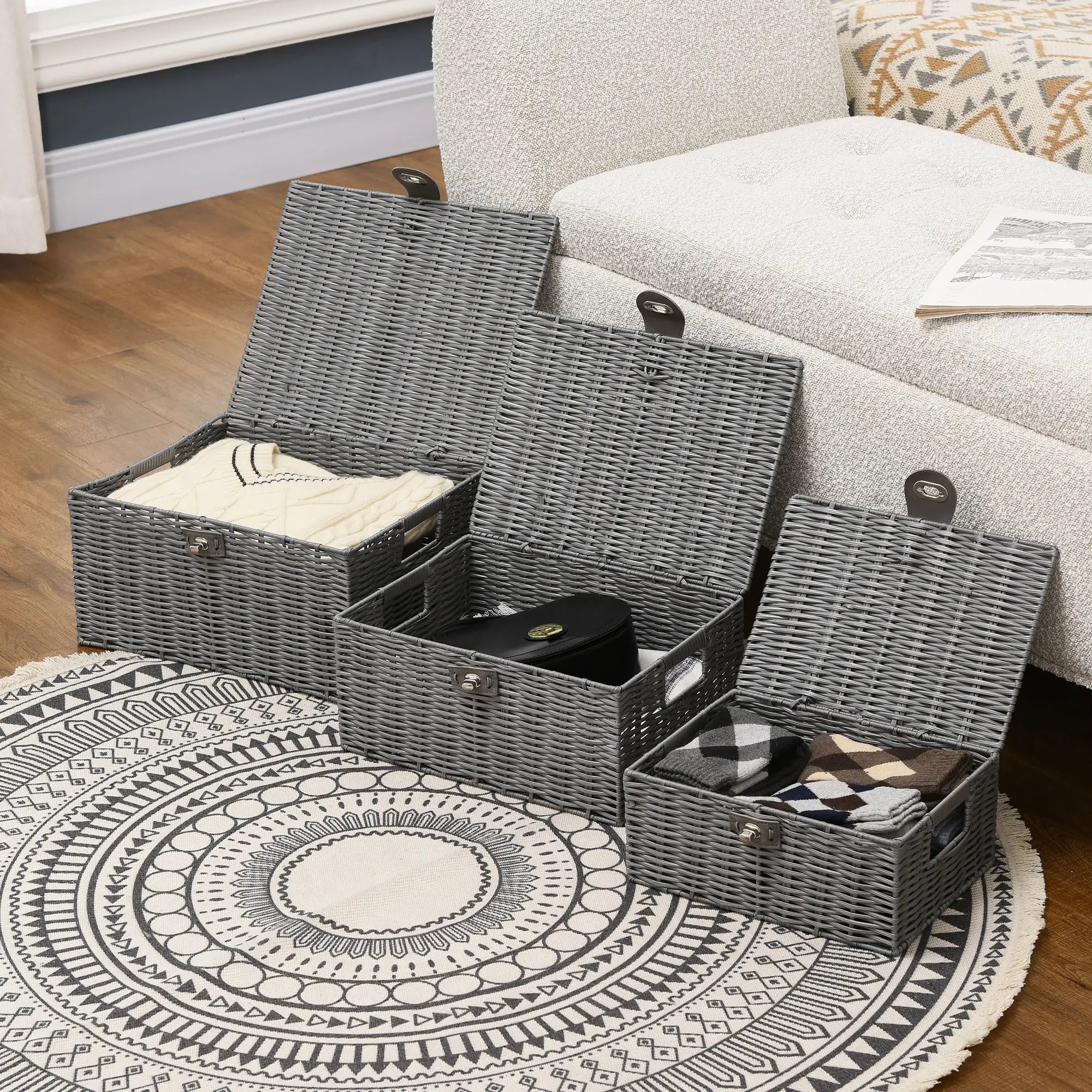 HOMCOM Aufbewahrungskorb 3er-Set handgeflochten mit Deckel