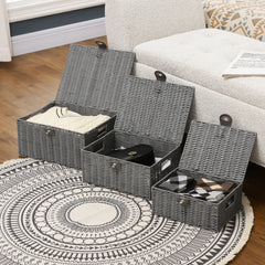 HOMCOM Aufbewahrungskorb 3er-Set handgeflochten mit Deckel