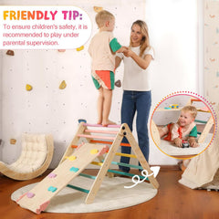 Dreieck-Set mit Kissen, 5-in-1 Montessori-Kletterset, faltbar, Kletter-Indoor-Spielplatz-Set für Kleinkinder, Holz-Kletterspielzeug mit Rampe und Kletterbogen für Kinder (Holzfarbe)