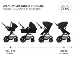 Kinderkraft MOOV2 AIR Kinderwagen 3 in 1 Kinderwagenset bis 26 kg mit Kindersitz I-SIZE 40-75 cm, Buggy Funktion, Liegeposition verstellbar, Große ausziehbare Verdeck, Aufblasbare Räder, Schwarz