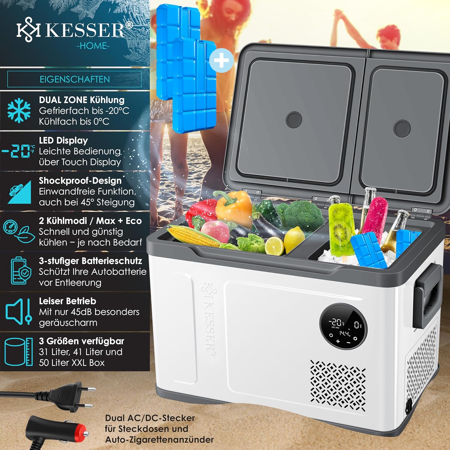 KESSER® Kompressor Kühlbox 2in1 Doppelzone Kühl & Gefrierfach elektrische Gefrierbox mit 2x Kühlakkus & LED-Touch-Bedienung | Kühlschrank Kühlung bis -20 °C für Camping, Auto, Lkw 12/24V 230V