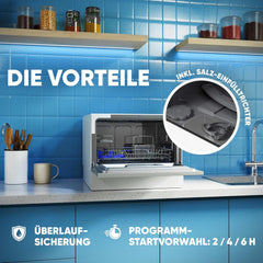 Bomann Mini Geschirrspüler mit Wasseranschluss | inkl. Schlauch | Tisch Geschirrspüler leise | Mini Spülmaschine für kleine Küchen/Camping | Spülmaschine klein m. Überlaufsicherung | TSG 7405 weiß