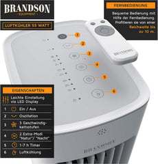Brandson - Luftkühler mit Wasserkühlung 5 in 1 - Verdunstungskühler, Luftbefeuchter, Ventilator & Luftreiniger, mobile Klimaanlage ohne Abluftschlauch - Preisträger 2025 - leise - 5L Wassertank