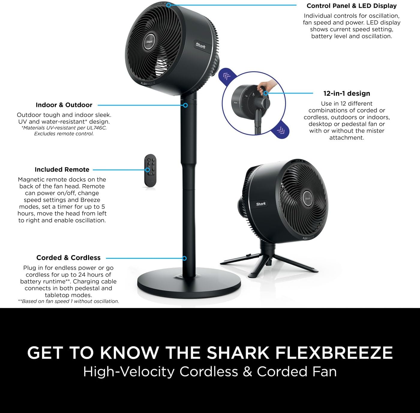 Shark FlexBreeze 2-in-1-Ventilator mit hoher Geschwindigkeit, Hybrid-Ventilator mit Kabel und kabellos, für den Innen- und Außenbereich, mit Fernbedienung, Neigung, verstellbar, UV-beständig und