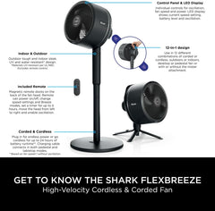 Shark FlexBreeze 2-in-1-Ventilator mit hoher Geschwindigkeit, Hybrid-Ventilator mit Kabel und kabellos, für den Innen- und Außenbereich, mit Fernbedienung, Neigung, verstellbar, UV-beständig und