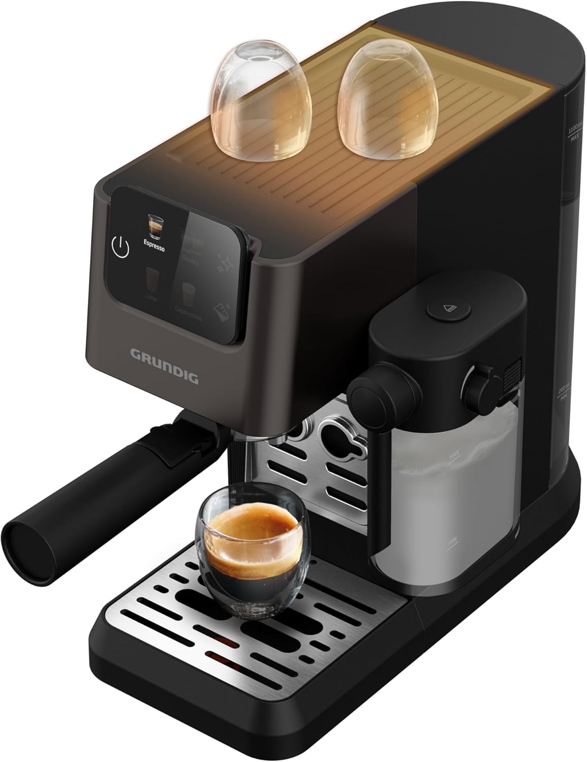 GRUNDIG KSM 5330 Siebträgermaschine mit integriertem Milchbehälter, 1628 W Leistung, 15 bar Pumpendruck, Zweifachdüse, farbiges Touch-Display, BrewSense, CreamyPro, Dark Inox/Schwarz
