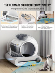 Selbstreinigende Katzentoilette, Automatische Katzentoilette mit Matte und Einlagen, 65 l + 9 l große Kapazität, Selbstreinigende Katzentoilette, App-Steuerung/Geeignet für mehrere Katzen – Grau
