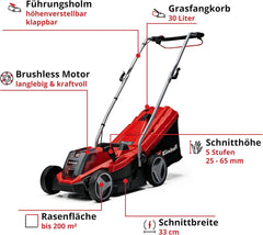 Einhell Akku-Rasenmher GE-CM 18/33 Li Kit Power X-Change (18 V, 33 cm Schnittbreite, bis 200 m, Brushless, 30L Fangkorb, 25-65 mm Schnitthhe, inkl. 4,0 Ah Akku + Ladegert)