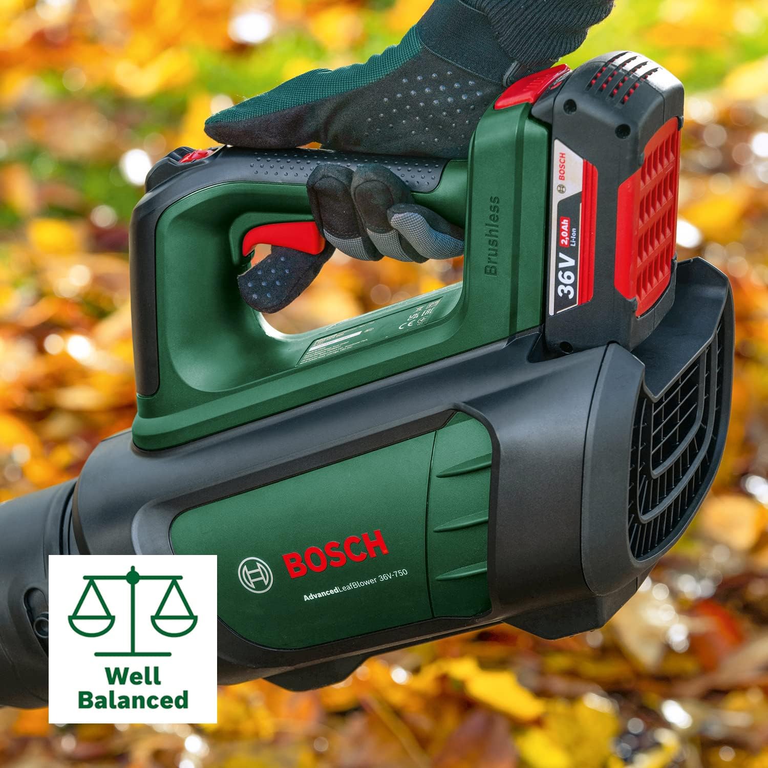 Bosch Akku-Laubbläser AdvancedLeafBlower 36V-750 (1x 2.0 Ah Akku, 36 Volt System, zum Entfernen hartnäckiger Blätter auf großen Flächen, geringes Gewicht: 2,8 kg, im Karton)