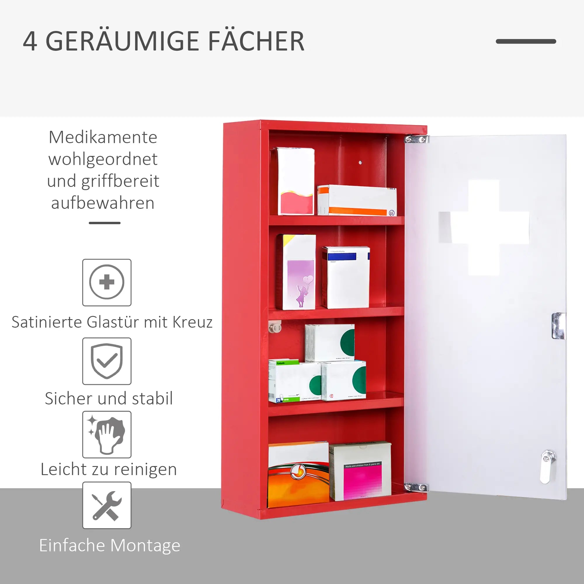 HOMCOM Medizinschrank abschließbar Tip-On Automatik Sicherheitsglas