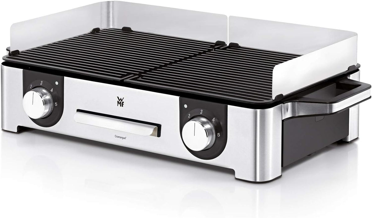 WMF Lono Master-Grill, Elektrogrill, 50x28 cm, Elektrogrill Tischgrill mit Windschutz und Auffangschale, Outdoorzertifiziert für Barbecue, 2 getrennt regulierbare Grillflächen, 2400 W, edelstahl matt