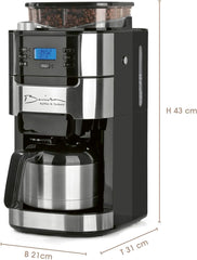 Barista Filterkaffeemaschine mit verstellbarem Mahlwerk & Thermokanne | Warmhaltefunktion, 24h Timer & Permanentfilter | Für 10 Tassen Kaffee | Kaffeemaschine für Bohnen & Pulver [Edelstahl]
