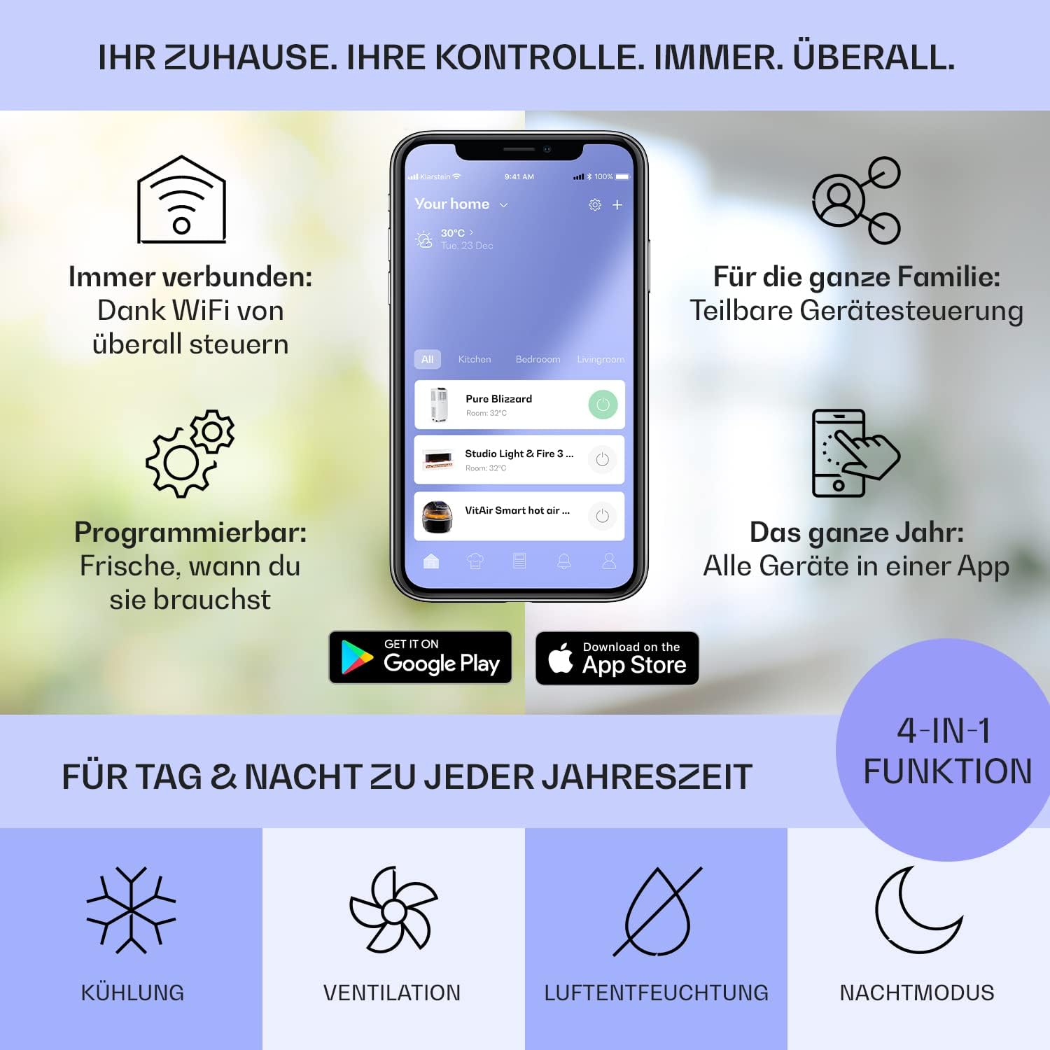 Klarstein Mobile Klimaanlage mit Abluftschlauch, 3-in-1 Klimagerät mit Ventilator & Luftentfeuchter, Kleine & Portable Klimaanlage für Wohnung & Büro, mit Nachtmodus & App-Steuerung, 7000 BTU