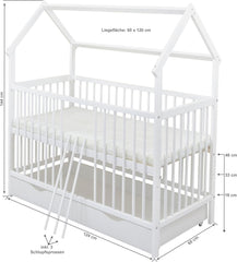 Baby Delux Babybett Komplett Set Hausbett 60x120 cm weiß Schublade Rausfallschutz Kinderbett Matratze Bettwäsche Deko Set (Prince Stars)