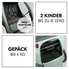hauck Fahrradanhänger & Kinderwagen Dryk Duo Plus mit Federung, für 2 Kinder (6-48 Monate), inkl. Deichsel, Buggyrad, Fahne und LED Licht, Faltbar, Höhenverstellbar, XL Kofferaum (Dark Green)